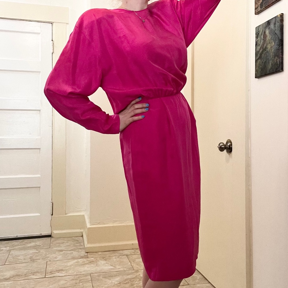 Vintage 100% Silk Magenta Dress - size 8